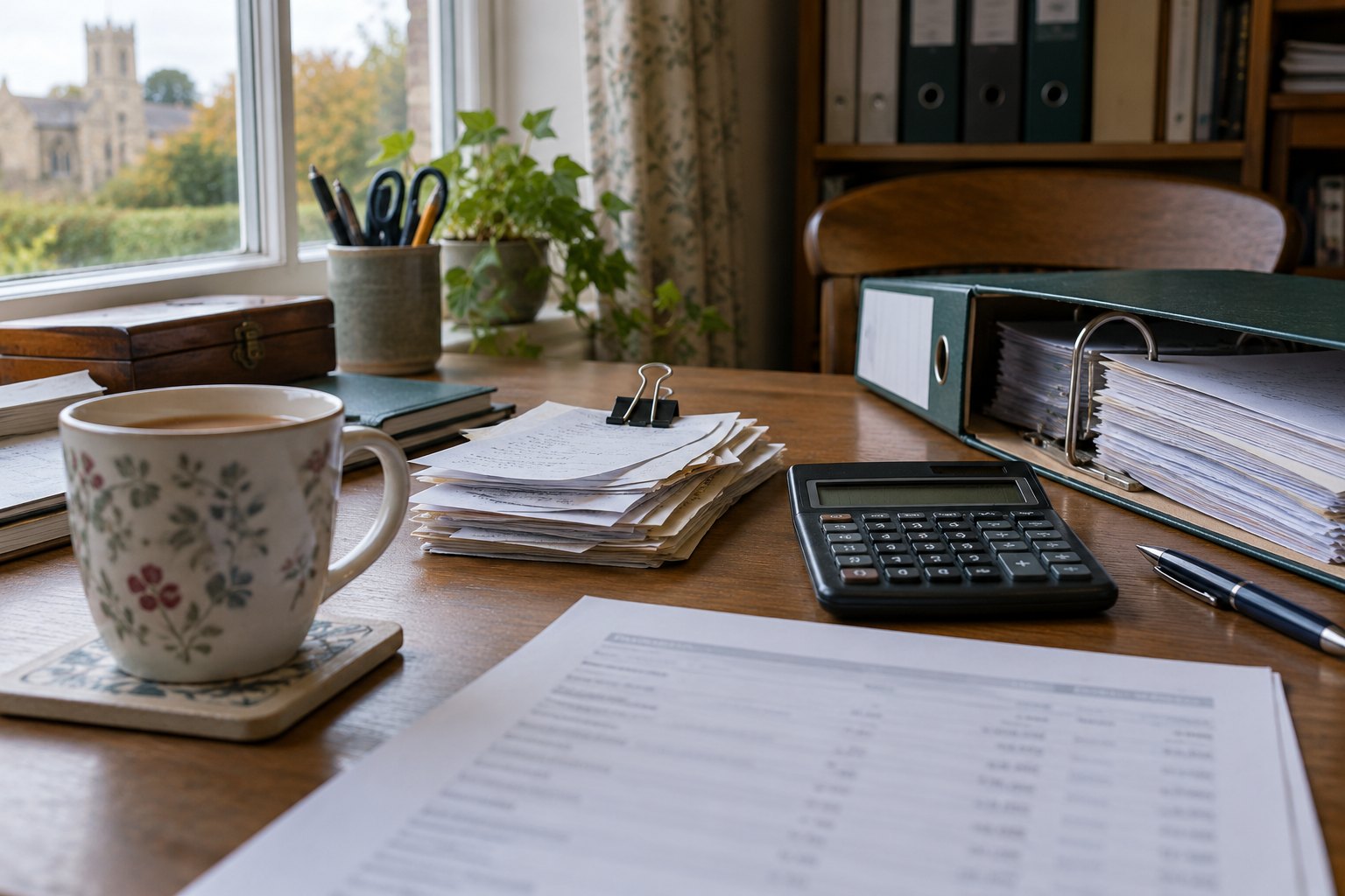 A clerk’s desk with a bank statement, calculator, clipped receipts and a lever-arch file