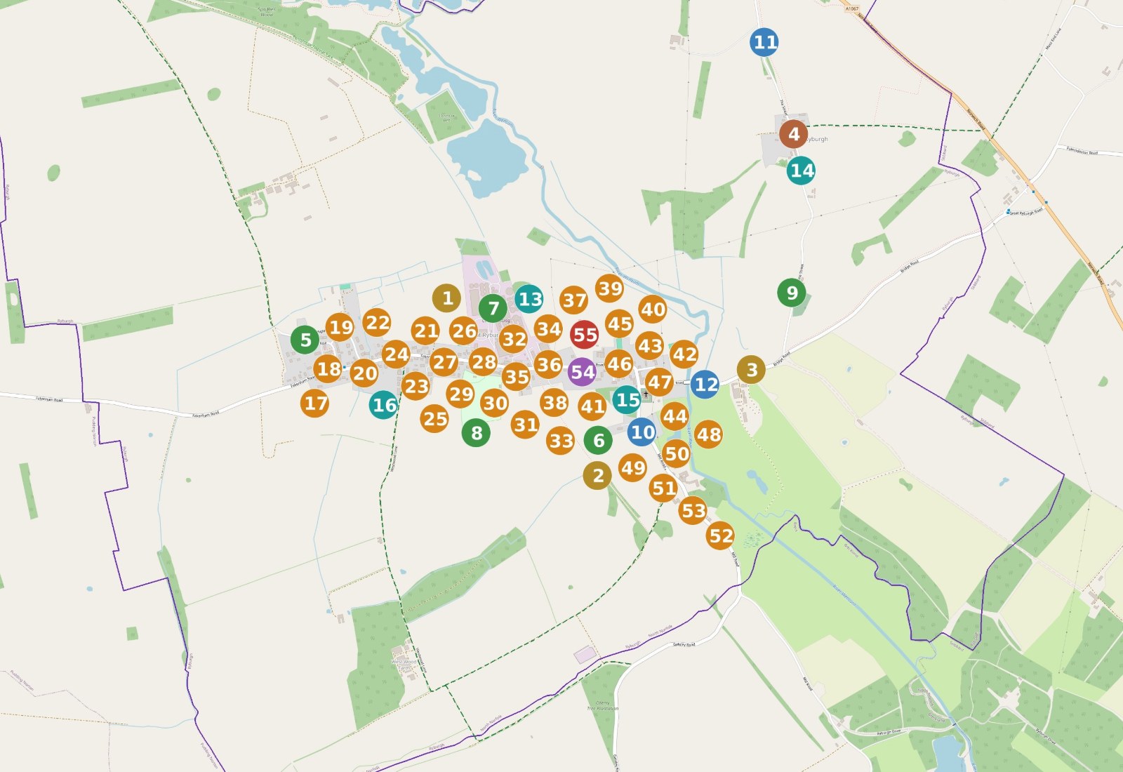Printed parish map from Clerk Assist: boundary, rights of way and located assets by category