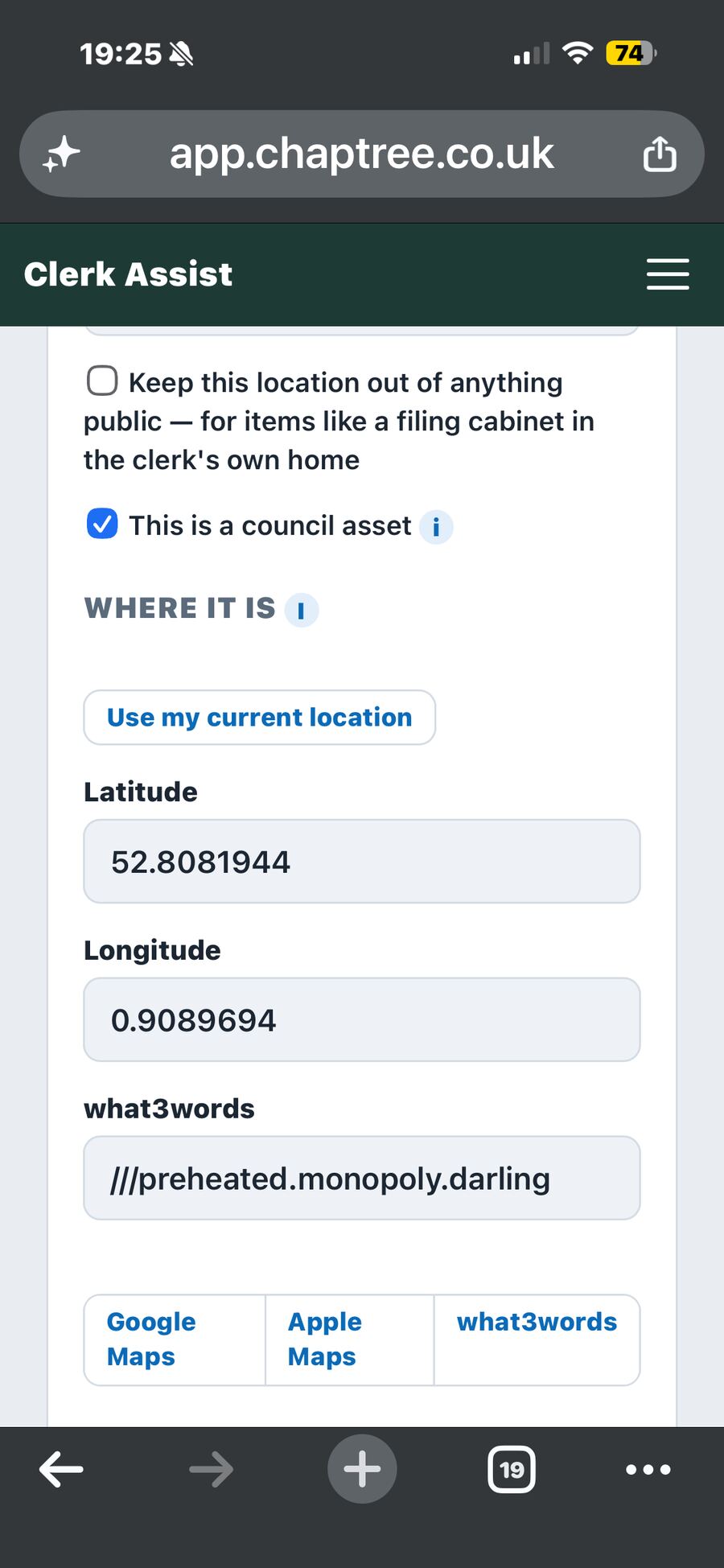 Clerk Assist on a phone: current location, coordinates and what3words for an asset