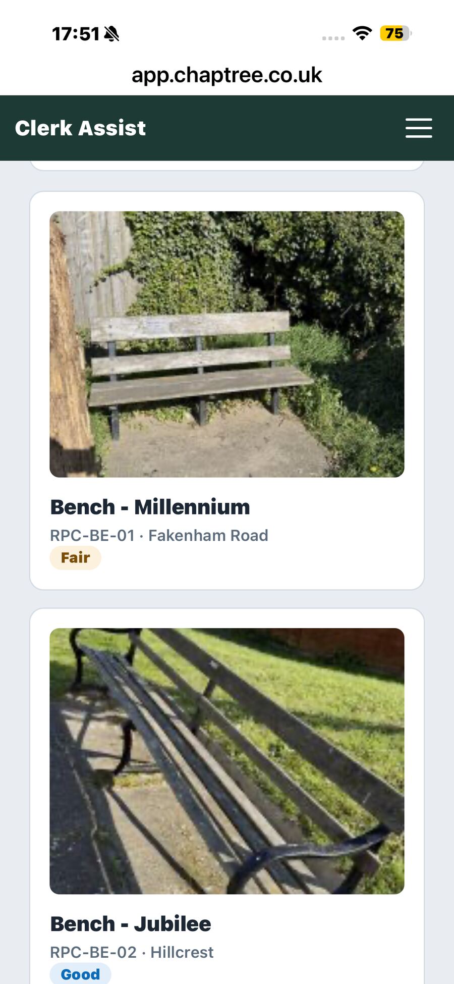 Clerk Assist asset register on a phone, showing photographed benches with reference and condition