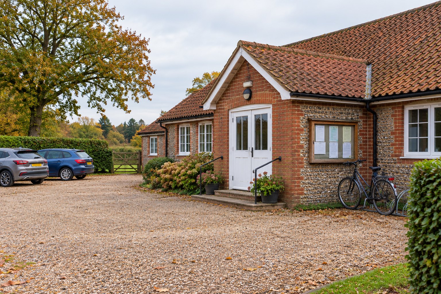 A brick and flint village hall with a noticeboard by the door, a bicycle against the wall and a gravel car park