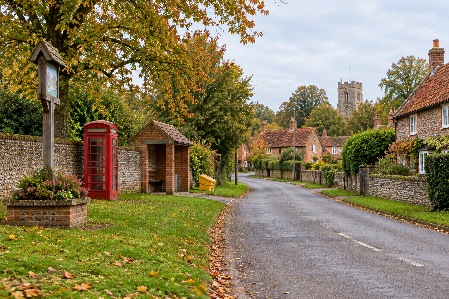 A lane into a small village: flint wall, telephone kiosk, bus shelter, grit bin and a church tower beyond