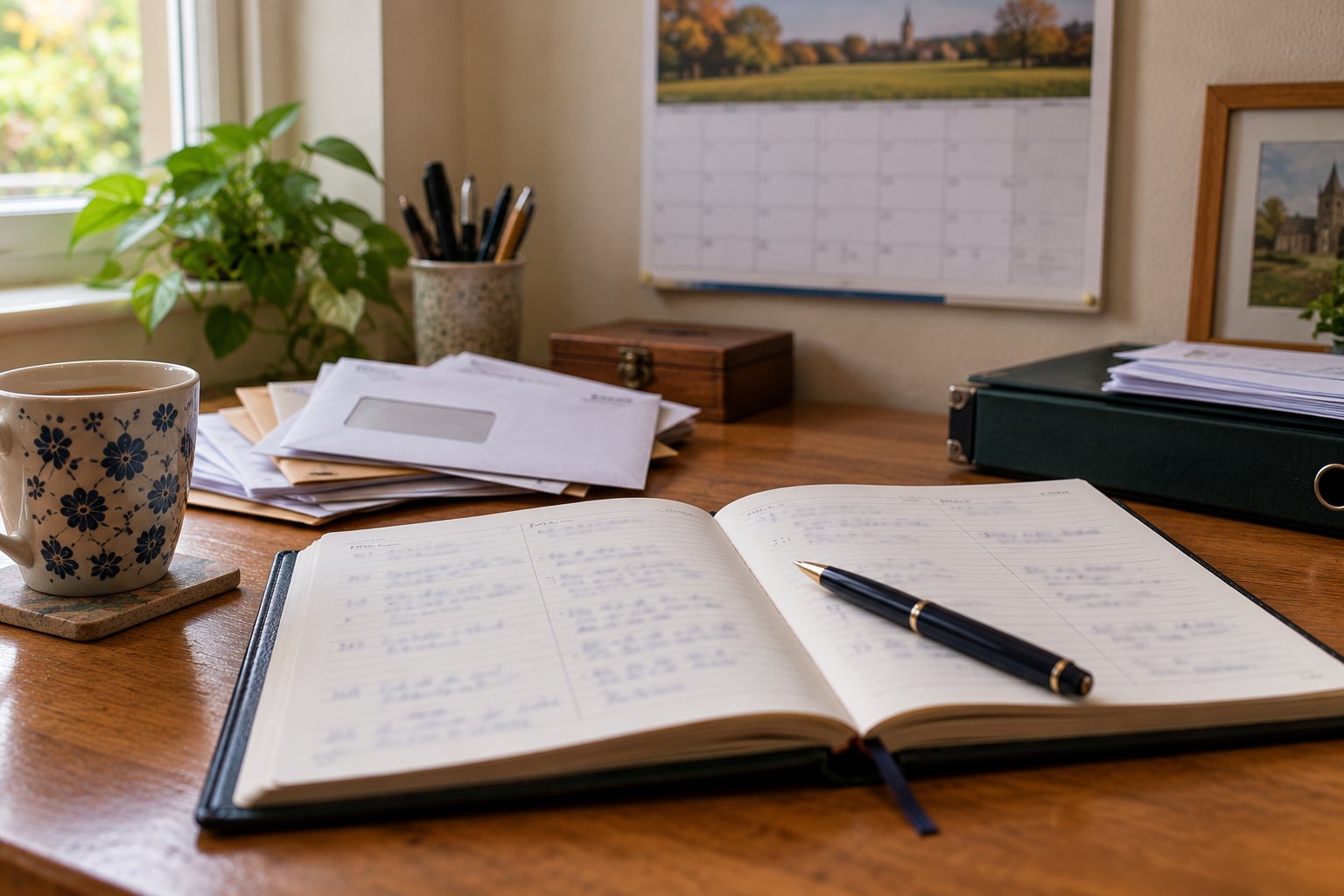 A week-to-view diary open on a desk with a pen, opened post beside it and a wall calendar behind